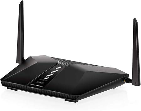 NETGEAR LAX20-100NAS Nighthawk LTE WiFi 6 Router on a desk with antennas and LED indicators