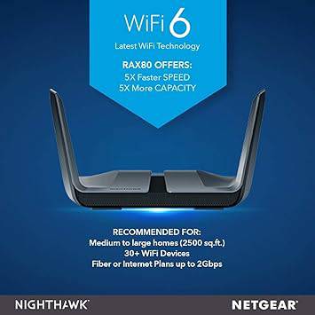NETGEAR Nighthawk AX8 AX6000 WiFi Router - 8-Stream, Dual Band, 6 Ethernet Ports, Wi-Fi 6, 1024 QAM, 160MHz Channel Support, Multi-Gig Internet Ready - RAX80-100NAS