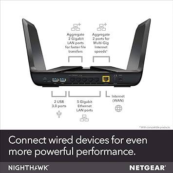 NETGEAR Nighthawk AX8 AX6000 WiFi Router - 8-Stream, Dual Band, 6 Ethernet Ports, Wi-Fi 6, 1024 QAM, 160MHz Channel Support, Multi-Gig Internet Ready - RAX80-100NAS