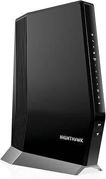 Beaver Computer Netgear Nighthawk Cable Modem with WiFi 6 Router CAX80, black, showing front view with ports and indicator lights.
