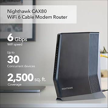 NETGEAR Nighthawk Cable Modem with Built-in WiFi 6 Router (CAX80) - Compatible All Major Providers incl. Xfinity, Spectrum, Cox | Plans Up to 6Gbps AX6000 Speed DOCSIS 3.1, Black - CAX80