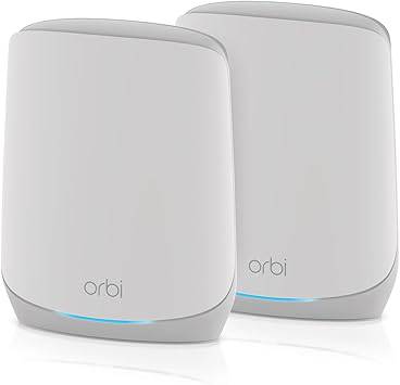 NETGEAR Orbi Tri-Band WiFi 6 Mesh Network System with router and satellite extender, high-speed coverage for large homes.