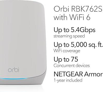 NETGEAR Orbi Tri-Band WiFi 6 Mesh Network System (RBK762S) – Router + 1 Satellite Extender, Security Features, Up to 5.4 Gbps, Covers up to 5,000 sq. ft, 75 Devices, Free Armor Security - RBK762S