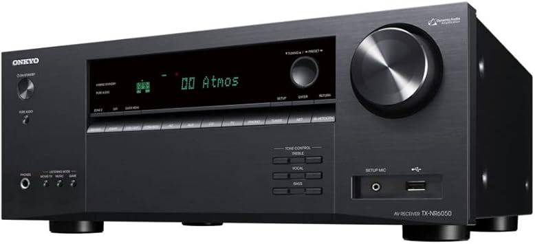 Onkyo TX-NR6050 7.2-channel network home theater AV receiver with 8K/60 and 4K/120Hz support, featuring a sleek front panel.