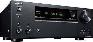 Onkyo TX-NR696 home audio receiver in black with 4K Ultra HD, Dolby Atmos, AirPlay 2, and Sonos compatibility.
