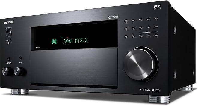 Onkyo TX-RZ50 9.2 channel network A/V receiver with front display, control knobs, and multiple input ports.