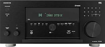 Onkyo TX-RZ70 11.2-channel AV receiver with display, connections, and control buttons, showcasing its front panel features.