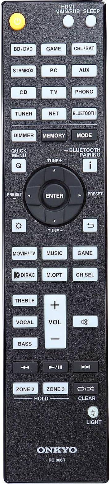 Onkyo TX-RZ70 11.2-channel AV receiver with display, connections, and control buttons, showcasing its front panel features.