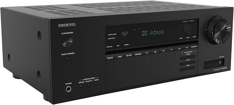 Onkyo TX-SR3100 5.2-channel AV receiver with Dolby Atmos, Dolby Vision, and virtualizer features, shown in a home theater setup.