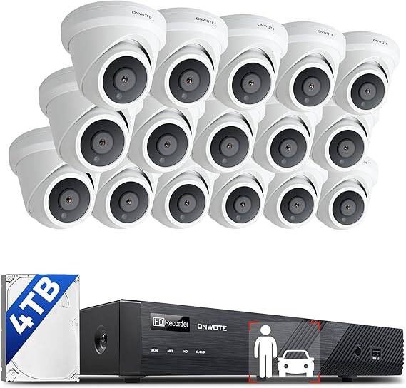 Beaver Computer ONWOTE Wired 4K 16-channel PoE security camera system with 16 outdoor 8MP IP cameras, 4TB NVR, and human vehicle detection.