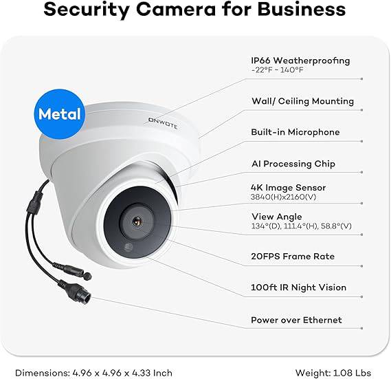 ONWOTE Wired 4K 16 Channel PoE Security Camera System 4TB, Human Vehicle Detection, 16x Outdoor Commercial 4K 8MP PoE IP Cameras Audio, 128° Field of View, 16CH Business 4K NVR, 16CH Synchro Playback
