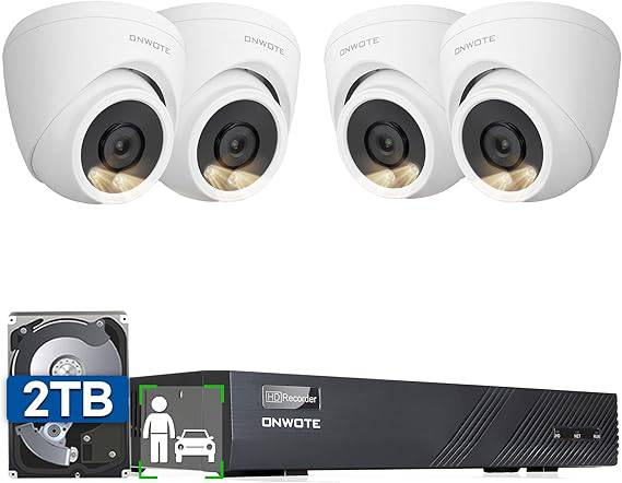 ONWOTE Wired 4K NVR Security Camera System PoE, Human Vehicle Detection Smart Color Night Vision, 8CH 4K 8MP NVR 2TB HDD, 4X 6MP Outdoor 122° PoE IP Cameras with Audio, CCTV System for Home Business