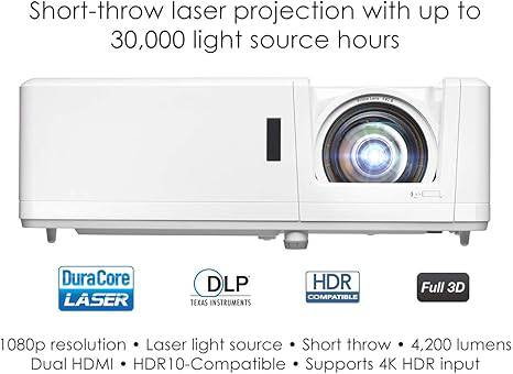 Optoma GT1090HDR Short Throw Laser Home Theater Projector | 4K HDR Input | Lamp-Free Reliable Operation 30,000 hours | Bright 4,200 lumens for Day and Night | Short Throw