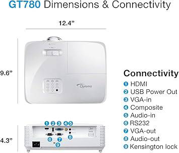 Optoma GT780 short throw projector for gaming and movies, HD 720p/1080p support, 3800 lumens, 3D compatible, built-in speaker.
