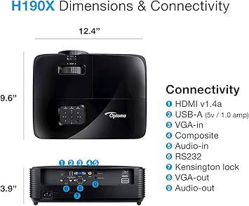 Optoma H190X home and outdoor movie projector with HD 720p/1080p support, 3D compatibility, built-in speaker, compact design.