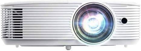 Optoma W318ST WXGA short throw projector displaying a bright image on a wall, with a sleek design and adjustable lens.