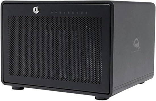 OWC ThunderBay 8 RAID 5 external drive with 48TB storage, 8 bays, dual Thunderbolt 3 ports, shown in a professional setting.