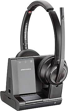 Plantronics SAVI 8200 Series W8220-M wireless DECT headset system for Skype for Business, with over-ear design and microphone.