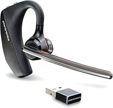 Plantronics Voyager 5200 UC Bluetooth monaural headset with noise canceling, USB-A connection, compatible with PC and Mac, works with Teams and Zoom.
