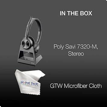 Poly Savi 7320 Wireless Stereo Office Headset System Bundle - Noise-Canceling Microphone, 13 Hour Talk Time, Teams Version, Enhanced Security, Laptop, Mac, Desk Phones Compatible, GTW Microfiber Cloth