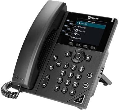Black Polycom VVX 350 IP phone with touchscreen display and multiple line keys, designed for business communication.