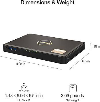 QNAP TBS-464-8G-US 4-bay NVMe SSD NASbook with Intel Celeron N5105 CPU, 8GB DDR4, and 2.5GbE network ports, diskless unit.