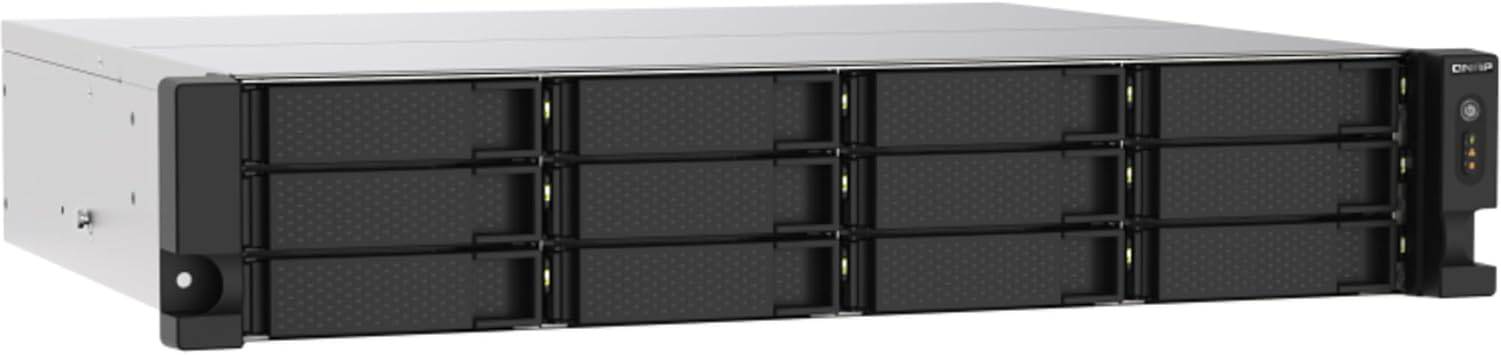QNAP TS-1273AU-RP-8G rack mount NAS enclosure in black metal, compatible with desktop and GPU, displayed with front view.