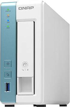 QNAP TS-131K 1-bay home NAS with one 1GbE port, compact network storage device on a white background