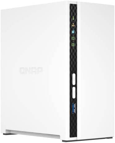 QNAP TS-233-US 2-bay desktop NAS with ARM Cortex-A55 quad-core processor, 2GB DDR4 RAM, diskless, compact and functional.