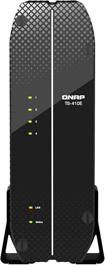 QNAP TS-410E 4-bay SSD NAS with fanless design, Intel quad-core CPU, 8GB RAM, and 2.5GbE ports, shown on a desk.