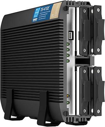 QNAP TS-410E 4-bay SSD NAS with fanless design, Intel quad-core CPU, 8GB RAM, and 2.5GbE ports, shown on a desk.
