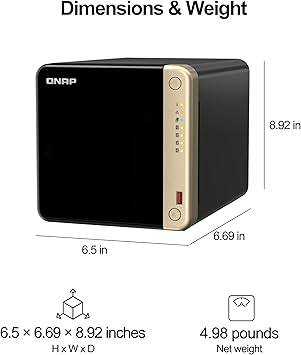 QNAP TS-464-8G-US 4-bay desktop NAS with Intel Celeron quad-core processor, M.2 PCIe slots, dual 2.5GbE ports, diskless setup.