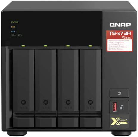 QNAP TS-473A-8G-US NAS with quad-core processor, supports M.2 NVMe SSD and PCIe expansion, shown with front view.
