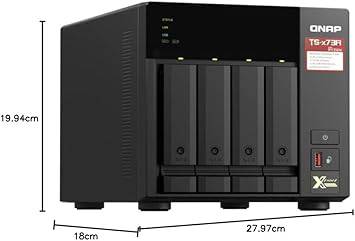QNAP TS-473A-8G-US NAS with quad-core processor, supports M.2 NVMe SSD and PCIe expansion, shown with front view.
