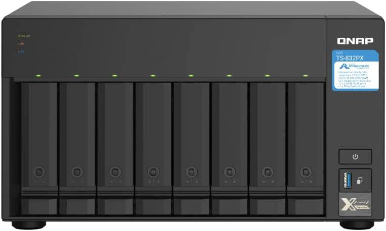QNAP TS-832PX-4G 8-bay high-capacity NAS with 10GbE SFP+ ports and 2.5GbE network connectivity, black metal enclosure.