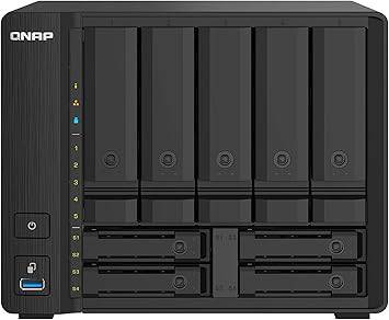 QNAP TS-932PX-4G 5+4 bay black metal NAS with dual 10GbE and 2.5GbE ports, rack-mountable, compatible with HDDs and SSDs.