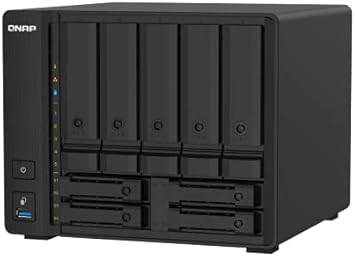 QNAP TS-932PX-4G 5+4 bay black metal NAS with dual 10GbE and 2.5GbE ports, rack-mountable, compatible with HDDs and SSDs.