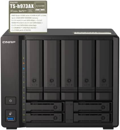 QNAP TS-h973AX-8G-US 9-bay desktop NAS with AMD Ryzen V1500B processor and 8GB DDR4 RAM, shown with front view.