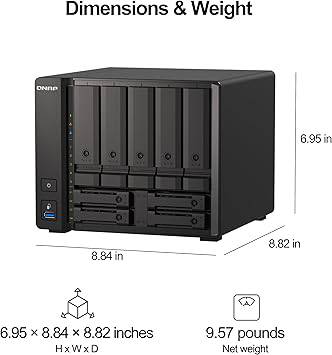 QNAP TS-h973AX-8G-US 9-bay desktop NAS with AMD Ryzen V1500B processor and 8GB DDR4 RAM, shown with front view.