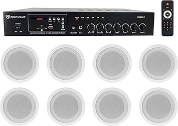 Beaver Computer Rockville 70V commercial amplifier with eight white 5-inch ceiling speakers for restaurant, bar, or cafe use.