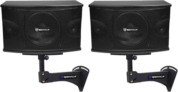 Pair of Rockville KPS10 10-inch 1200W speakers with wall mounts, designed for restaurant, bar, or cafe audio setup.