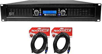 Rockville RPA12 5000W peak power amplifier with 2 channels and Rockville RCSS1425 speaker cable, copper conductors, for pro DJ use.