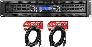 Rockville RPA16 10,000 Watt 2-channel power amplifier with SpeakOn cables, black metal casing, and control knobs.