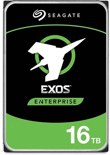 Seagate 16TB Exos X16 enterprise 3.5-inch HDD with 7200 RPM, 256MB cache, SATA 6Gb/s, 512e/4Kn, shown in a computer setting.