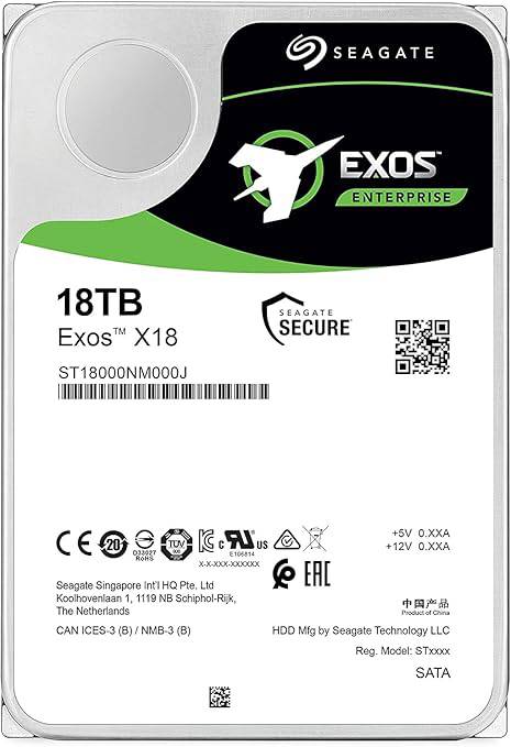 Seagate Exos X18 18TB Enterprise HDD - CMR 3.5 Inch Hyperscale SATA 6Gb/s, 7200 RPM, 512e and 4Kn FastFormat, Low Latency with Enhanced Caching (ST18000NM000J)