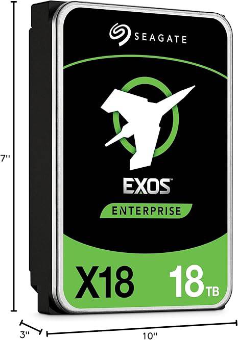 Seagate Exos X18 18TB enterprise 3.5-inch HDD with SATA 6Gb/s, 7200 RPM, and advanced caching for high-performance storage.