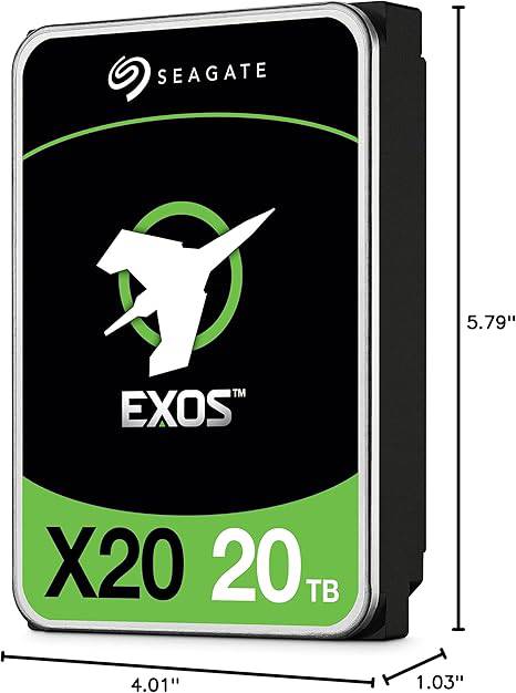 Seagate Exos X20 20TB 3.5-inch internal SATA hard drive with black casing and label showing model and specifications.