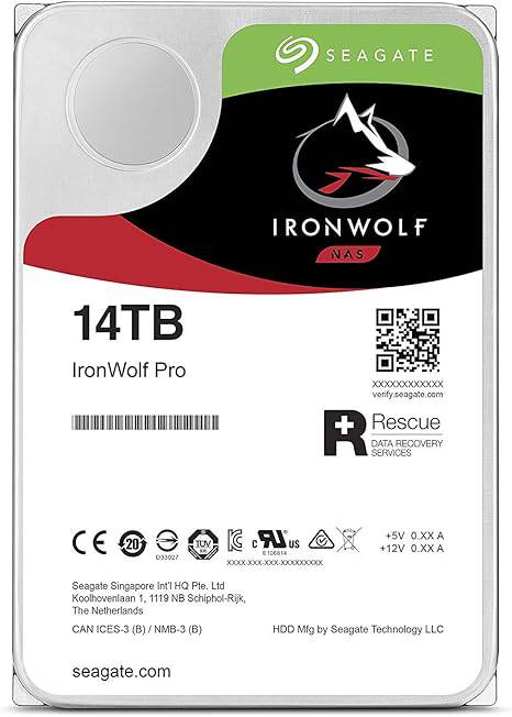 Seagate IronWolf Pro 14TB internal NAS hard drive, 3.5-inch, SATA 6 Gb/s, 7200 RPM, designed for RAID storage.