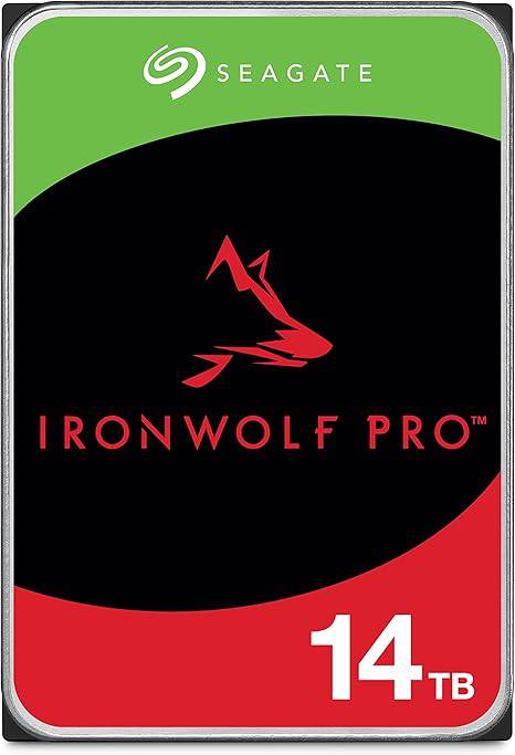 Seagate IronWolf Pro 14TB internal NAS hard drive, 3.5-inch, SATA 6 Gb/s, 7200 RPM, designed for RAID storage.