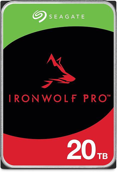 Seagate IronWolf Pro 20TB enterprise NAS internal HDD with CMR, 3.5-inch SATA drive, 7,200 RPM, 256MB cache for RAID storage.